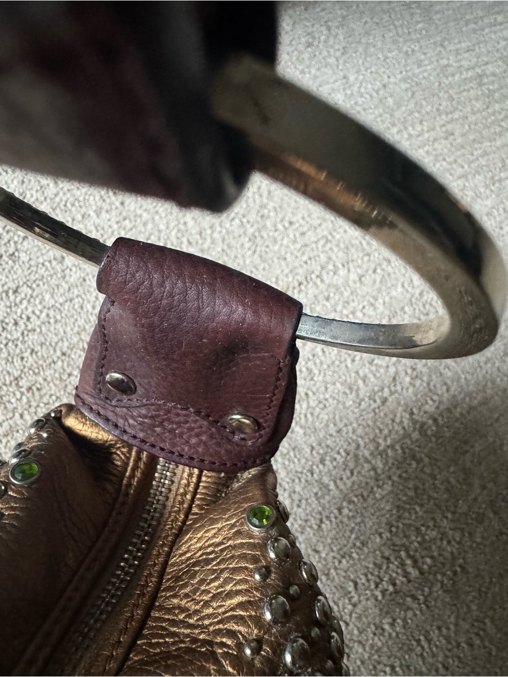 Y2K G Series Cole Haan Bronze Leather Studded Crystal Hobo Shoulder Bag - Picture 10 of 16